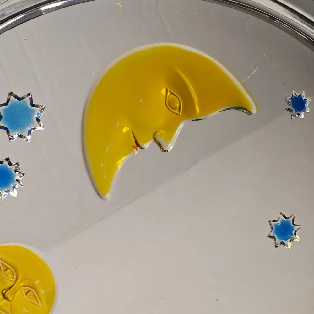 1990s Celestial Sun Moon Stars Glass Serving Platter Round‎ Amber Blue 12.5 Inch